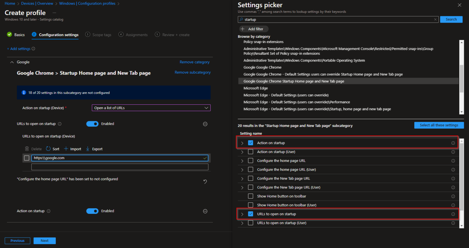 How to configure Chrome startup page with Microsoft Intune