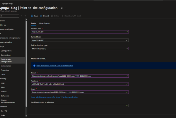 Point-to-site configuration with Tenant, Audience and Issuer, example tenant ID