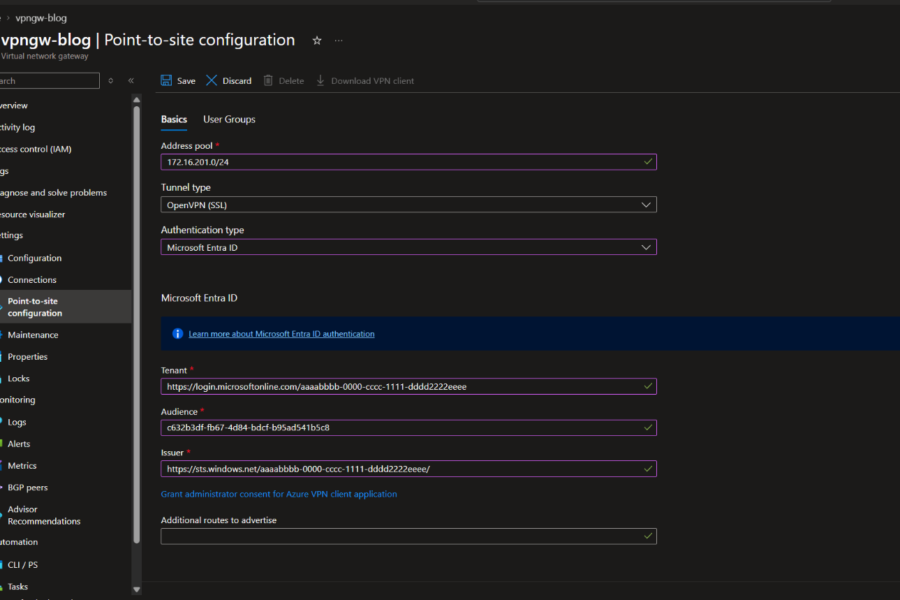 Point-to-site configuration with Tenant, Audience and Issuer, example tenant ID