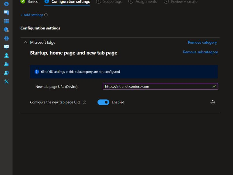 Configure the new tab page URL set to Enabled