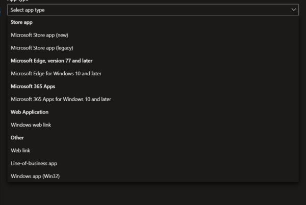 Select app type pane with the available Windows app types